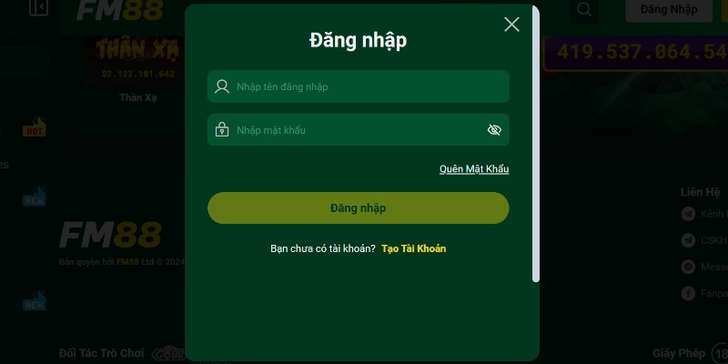 Hộp thoại đăng nhập tại nhà cái FM88